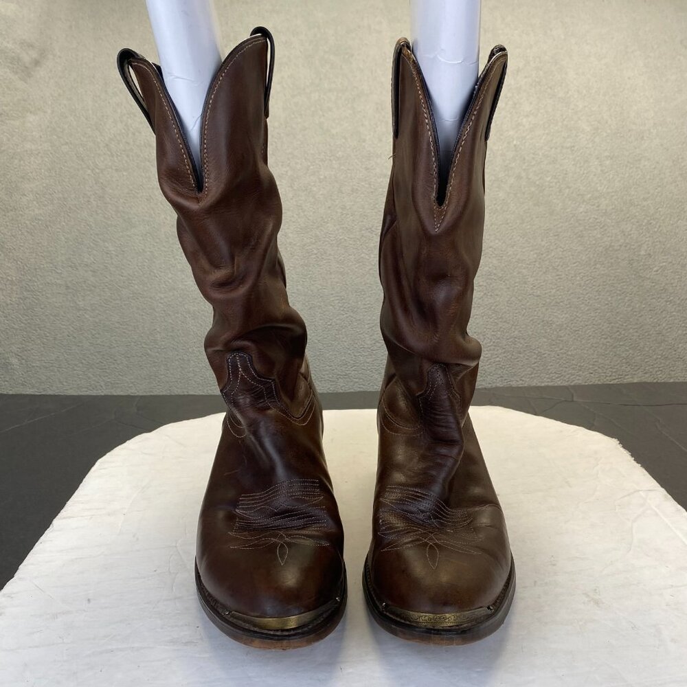 Vintage Leather Cowboy Boots Mens 10D Brown Western Pointed Toe Metal Toe Caps